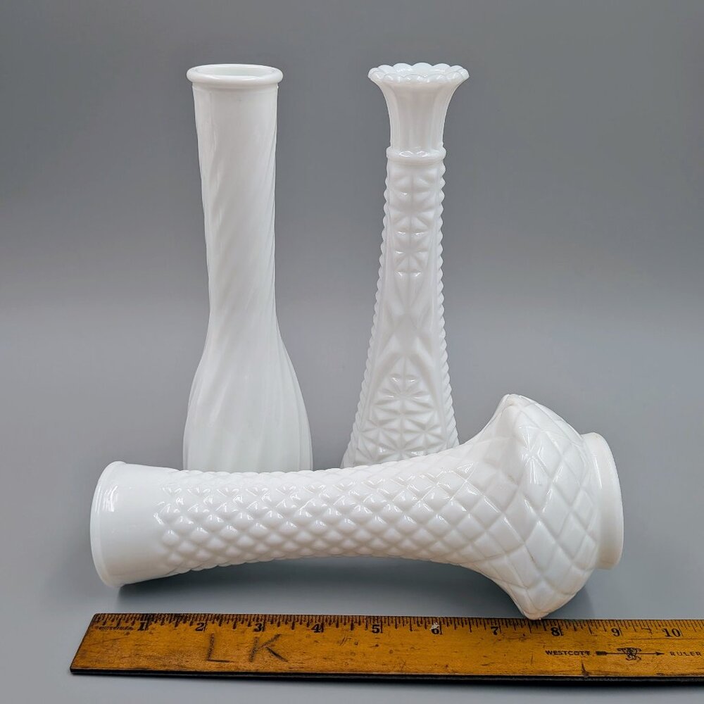 Set of 3 Vintage White Milk Glass Bud Vases - 9" Shabby Chic Floral Decor - Picture 9 of 10